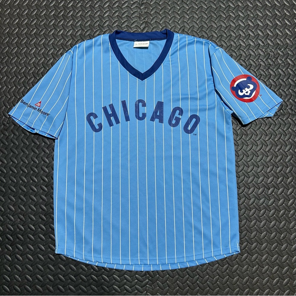 Chicago Cubs Pinstripe Throwback Jersey V-Neck Blue Stadium Giveaway MLB Mens XL